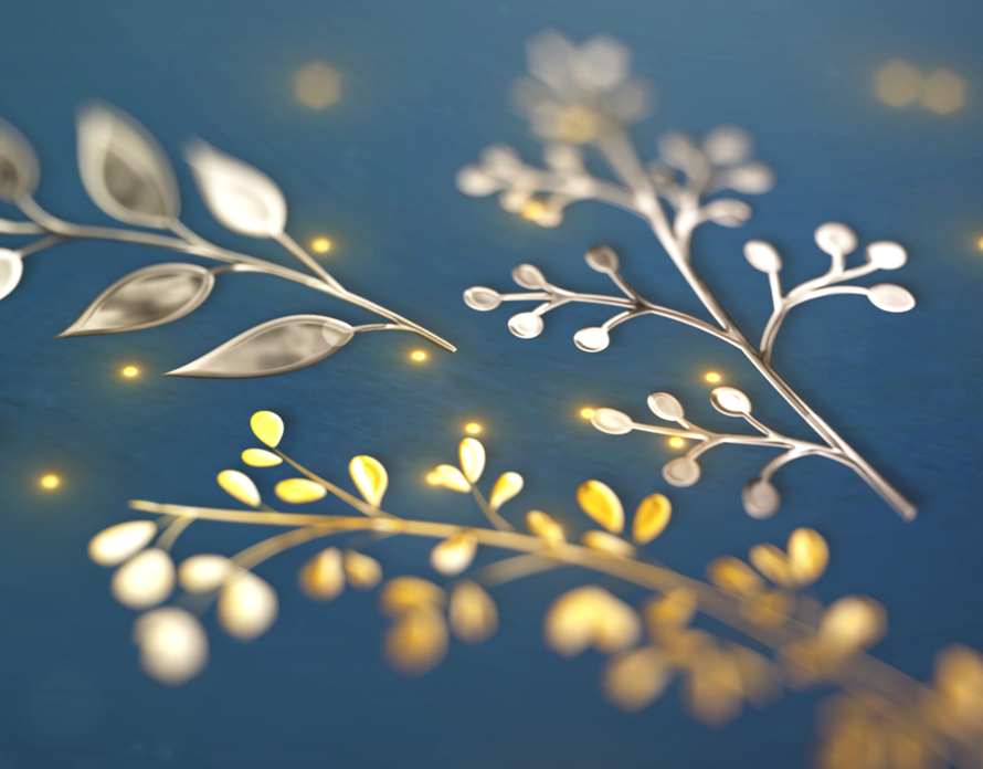 Blue and gold leaf decorations symbolizing fine art corporate holiday cards and ecards for business