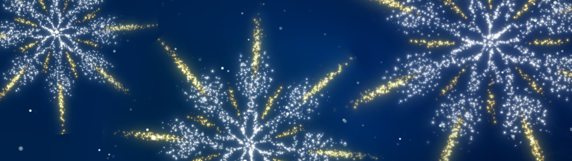 Season Greetings image of white and gold stars bursting against blue